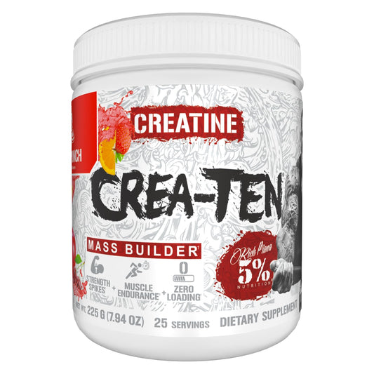 5% Nutrition CreaTEN bottle pour shows convenient post-workout flavoring and quick mixing.
