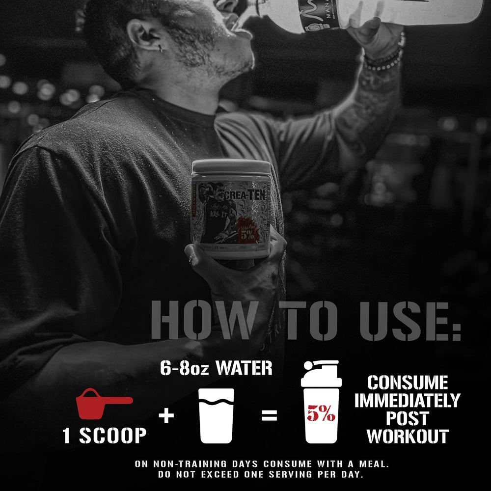 5% Nutrition CreaTEN unopened tub on gym bench suggests consistency