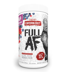 5% Nutrition FullAF Pre-Workout WildBerry tub highlights a caffeine-free pump booster and vein-friendly vascular effects.