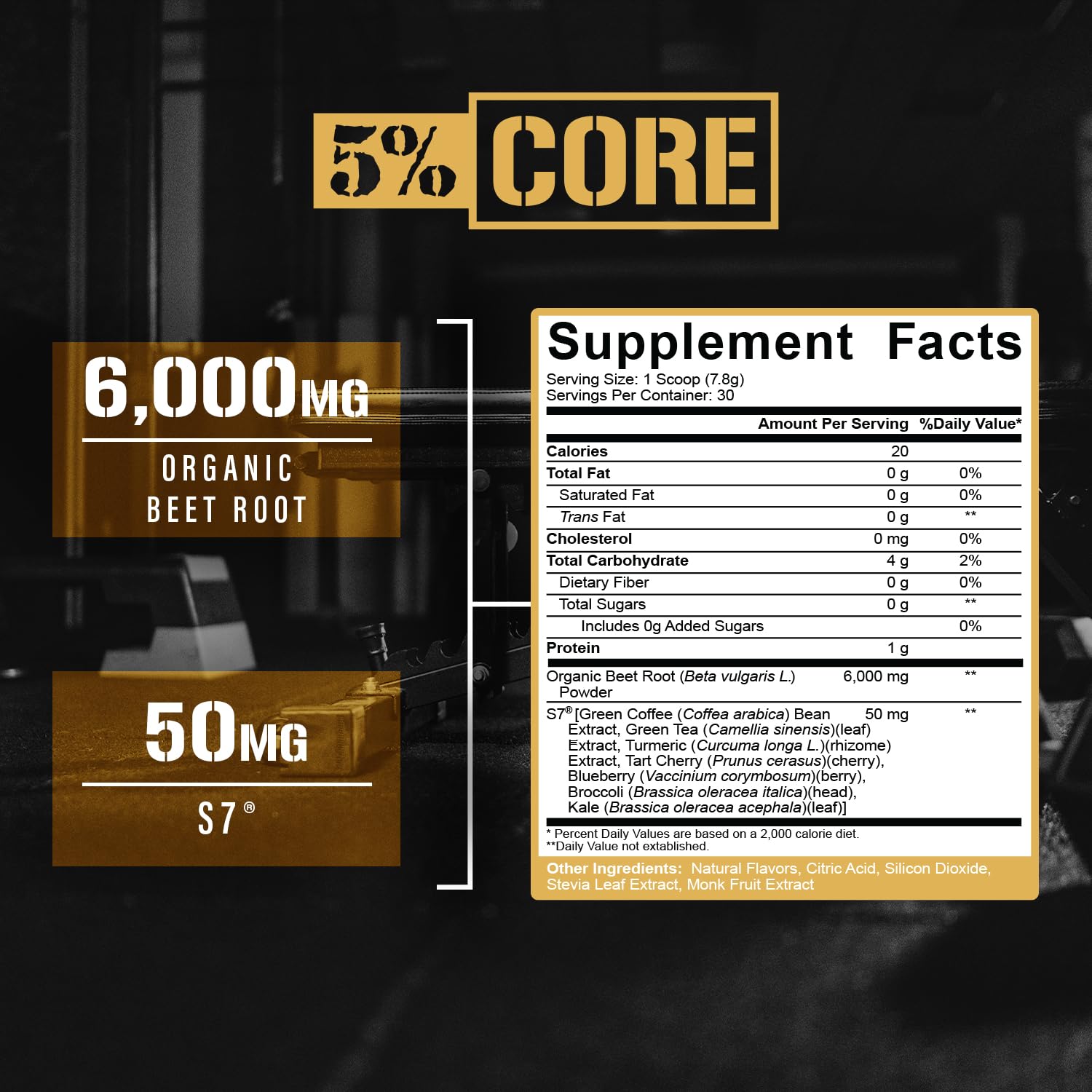 5% Nutrition Organic Core Beet Root powder tub emphasizes organic beets and S7 blend.