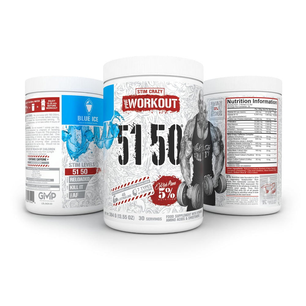 5% Nutrition Rich Piana 5150 Blue Ice jar displayed on gym shelf.