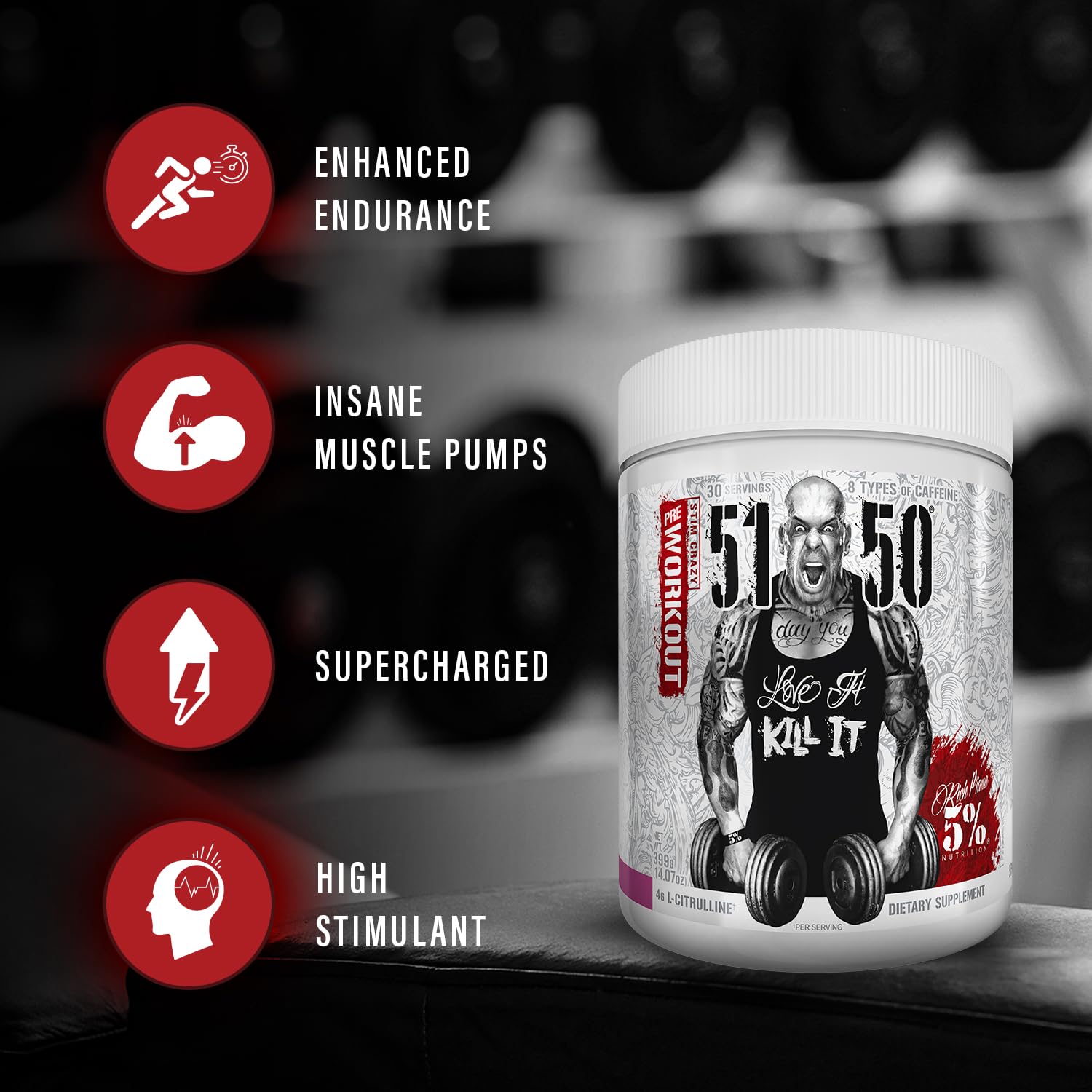 Close-up of 5% Nutrition Rich Piana 5150 Blue Ice label highlighting ingredients.