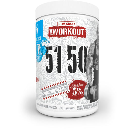 5% Nutrition Rich Piana 5150 Blue Ice powder container for high-energy workouts.