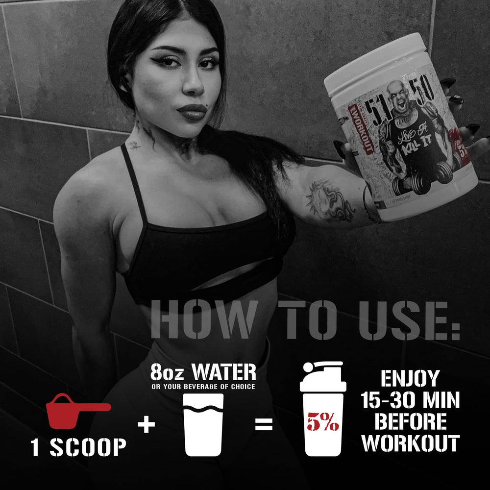 5% Nutrition Rich Piana 5150 Blue Ice powder being poured for a workout drink.
