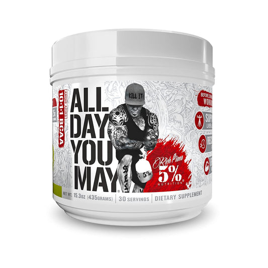 5% Nutrition Rich Piana AllDayYouMay BCAA powder bottle shown for hydration during workouts