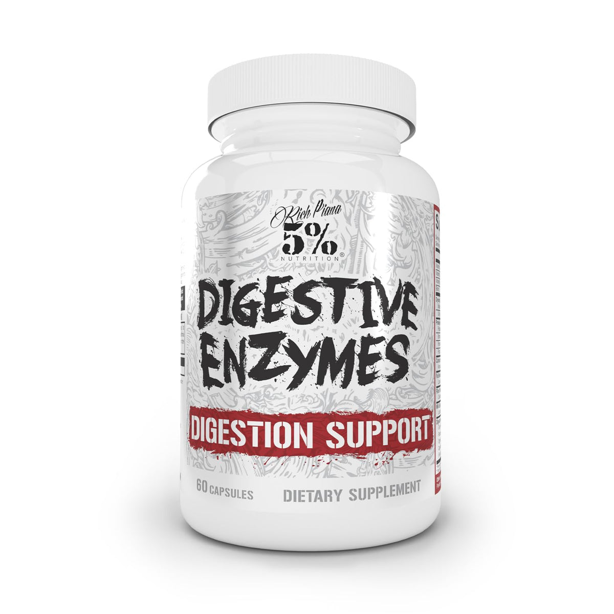 5% Nutrition Rich Piana Digestive Enzymes bottle closeup highlights the blend for improved digestion.