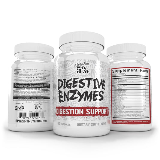 5% Nutrition Rich Piana Digestive Enzymes capsules outline shows compact supplement for optimized nutrient breakdown.