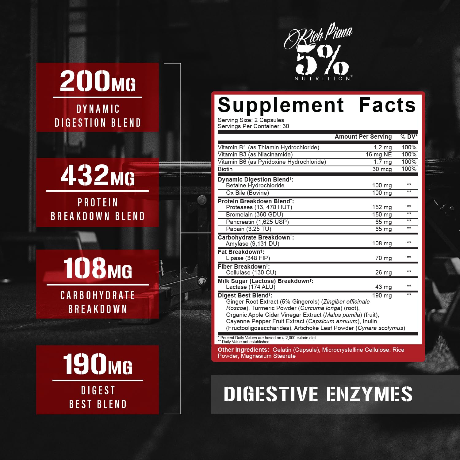 5% Nutrition Rich Piana Digestive Enzymes label detail communicates vitamin B complex and enzyme mix.