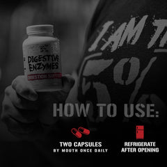 5% Nutrition Rich Piana Digestive Enzymes packaging display informs shelf appeal and product integrity.