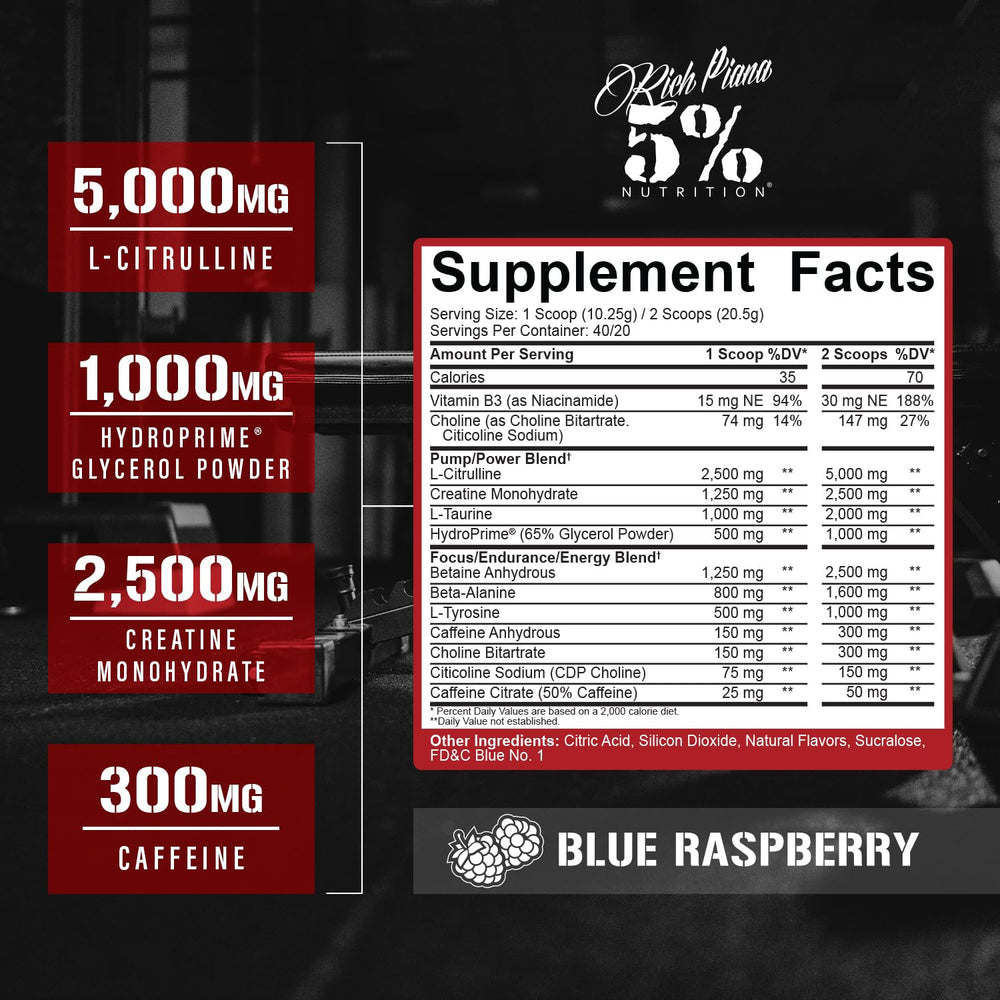 5% Nutrition Rich Piana Kill It scoop demonstrating adjustable serving size for intensity