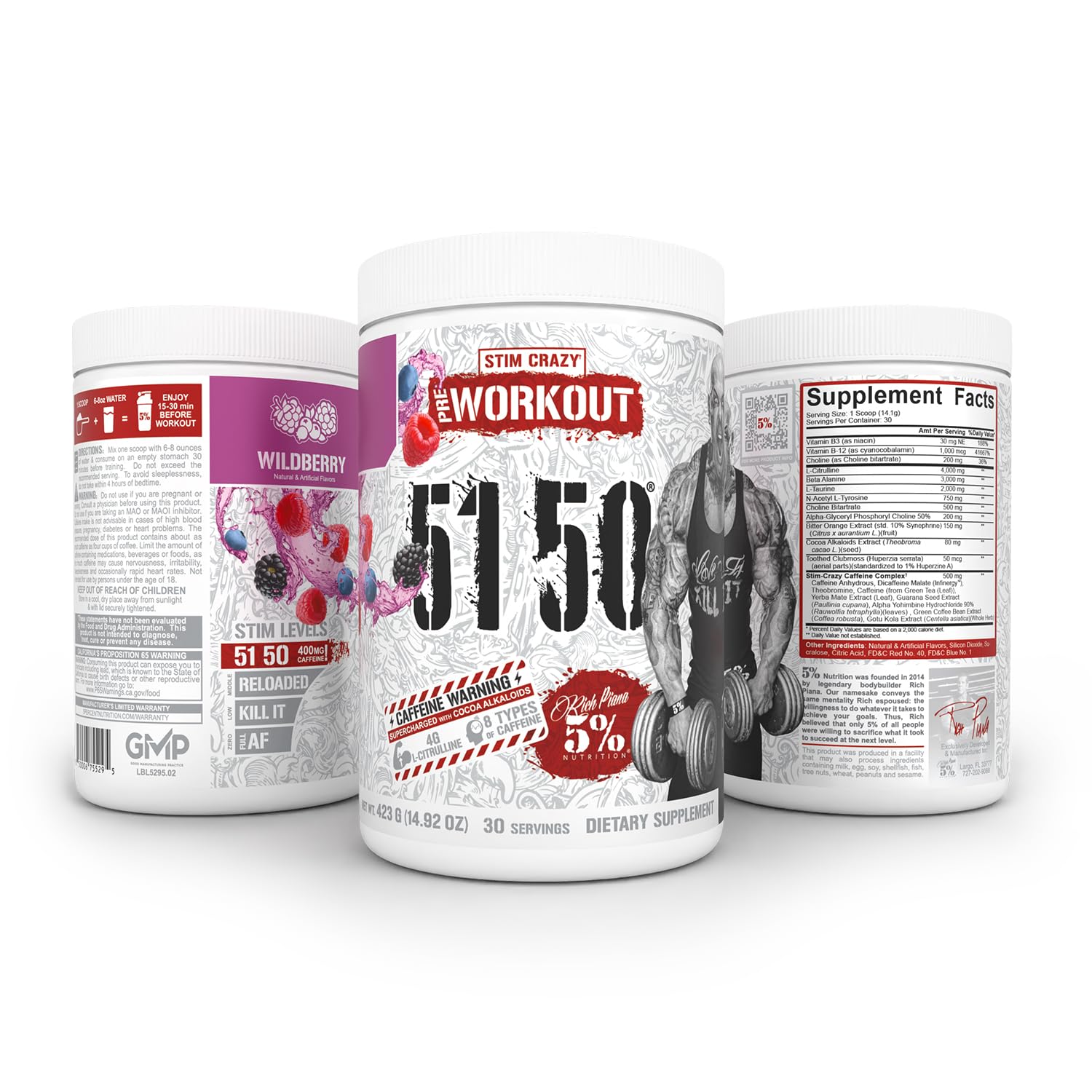 Rich Piana 5150 label close-up highlighting high-stim formula for focus.