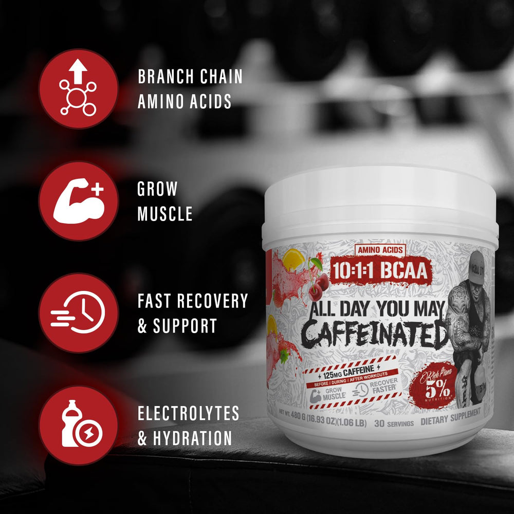 5% Nutrition Rich Piana AllDayYouMay BCAA Energy Powder with 9g amino acid matrix for recovery potential.