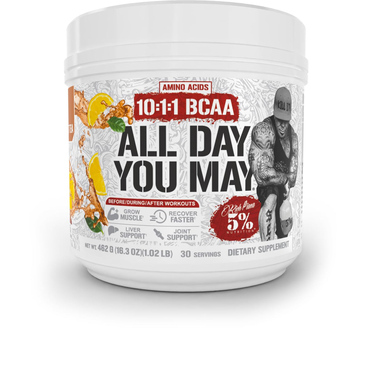 5% Rich Piana ADYM bottle with BCAA powder for all-day recovery