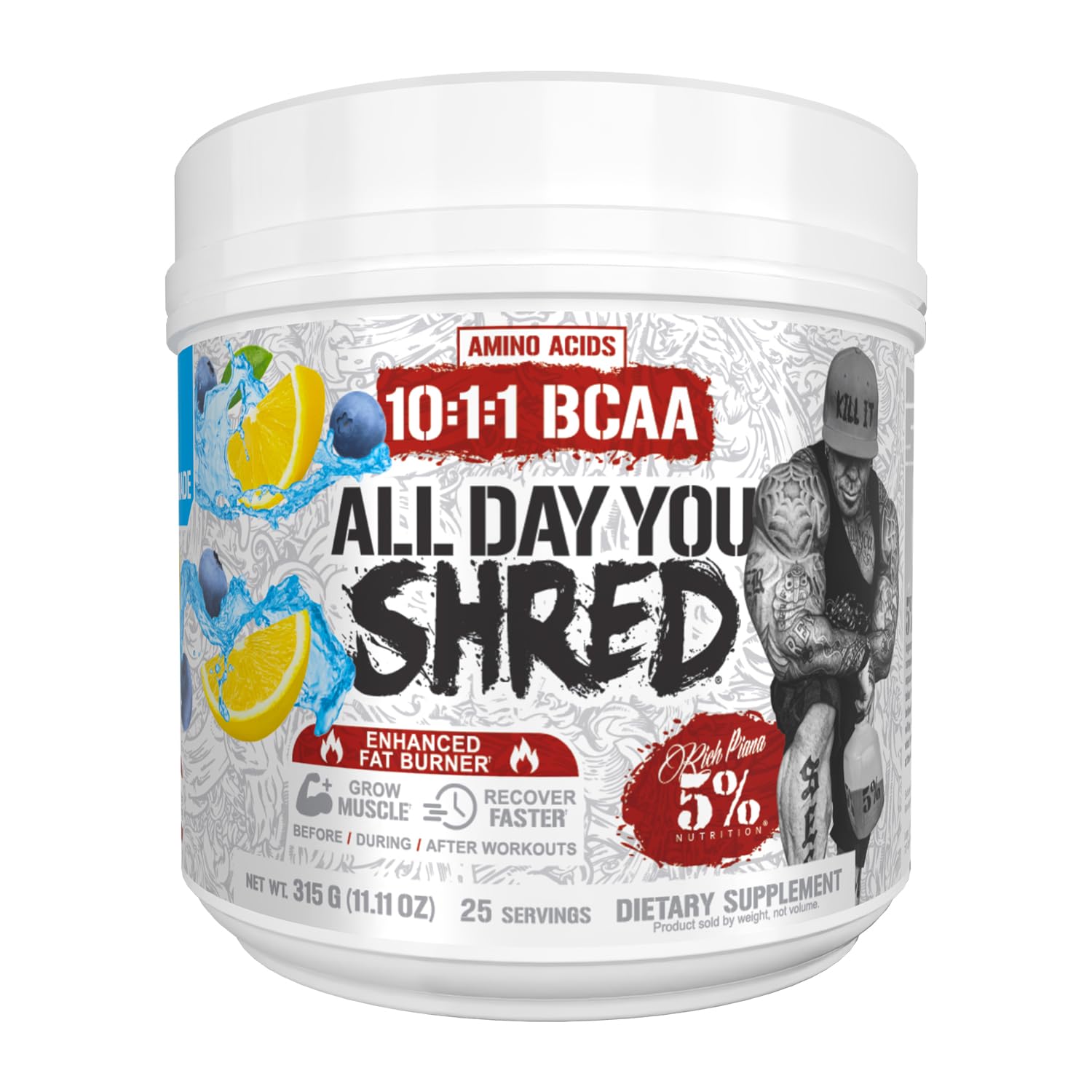 5% Nutrition Rich Piana AllDayYou Shred tub front view for energy support.