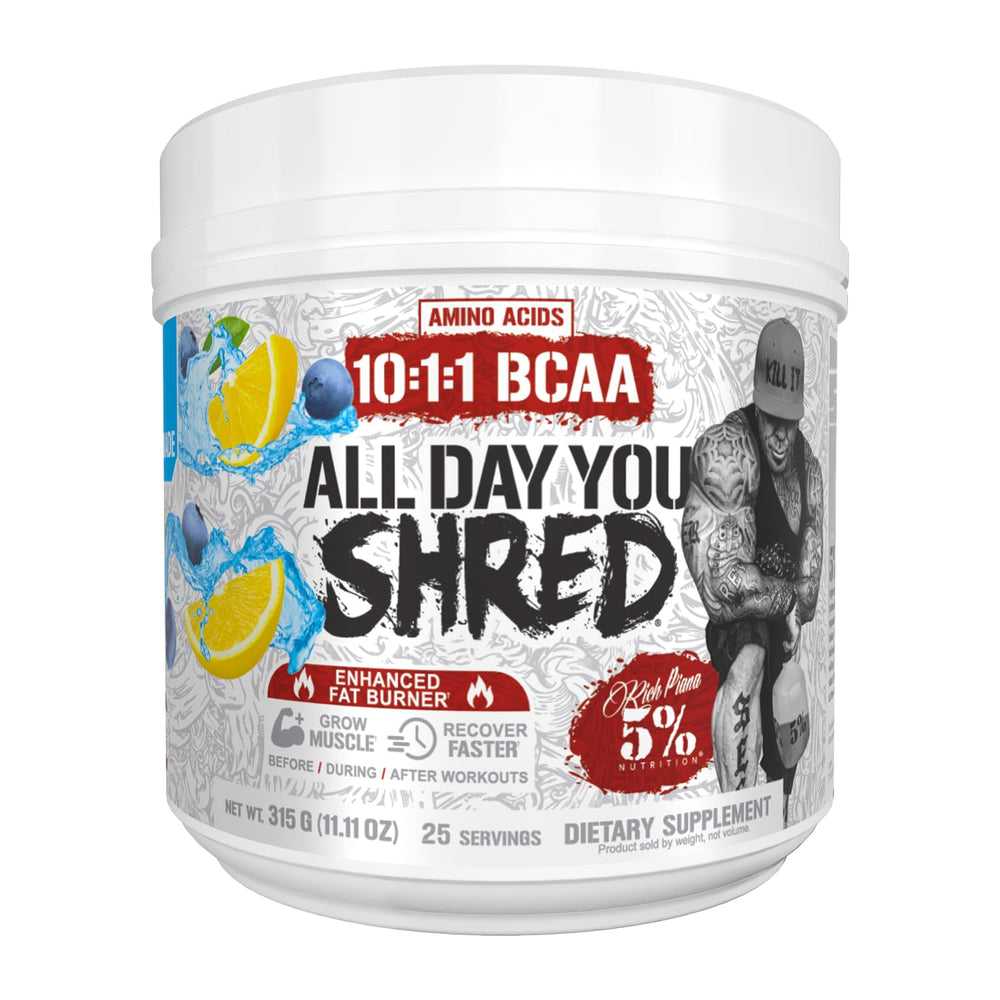 5% Nutrition Rich Piana AllDayYou Shred tub front view for energy support.