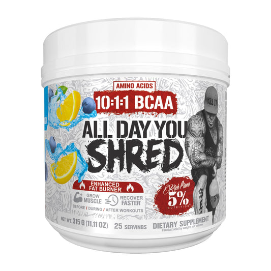 5% Nutrition Rich Piana AllDayYou Shred tub front view for energy support.