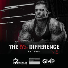 5% Nutrition Rich Piana AllDayYouMay Fruit Punch powder being poured into a glass.