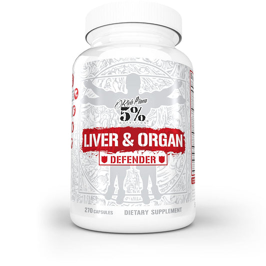 5% Nutrition Rich Piana Liver Defender bottle pour supports daily organ defense