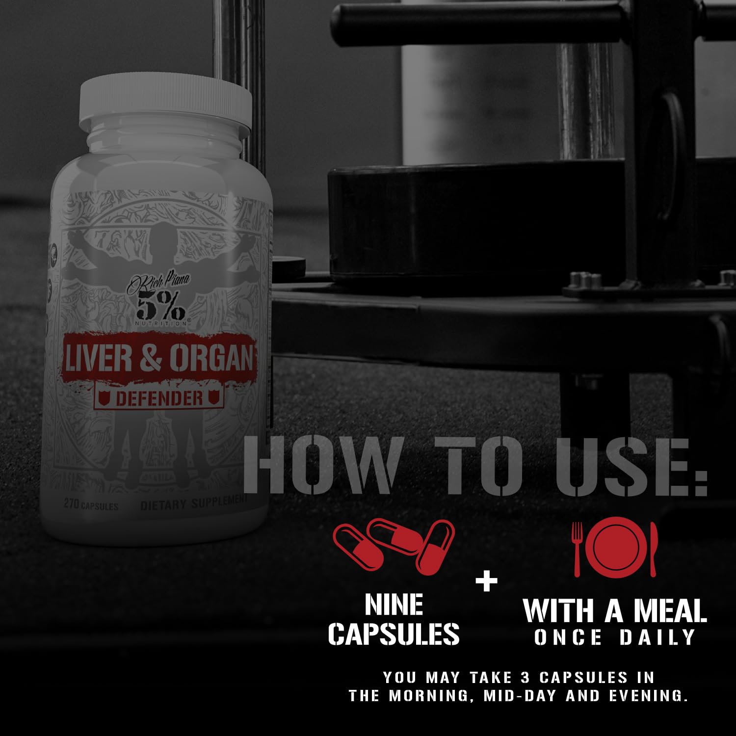 5% Nutrition Rich Piana Organ Defender packaging emphasizes comprehensive organ protection