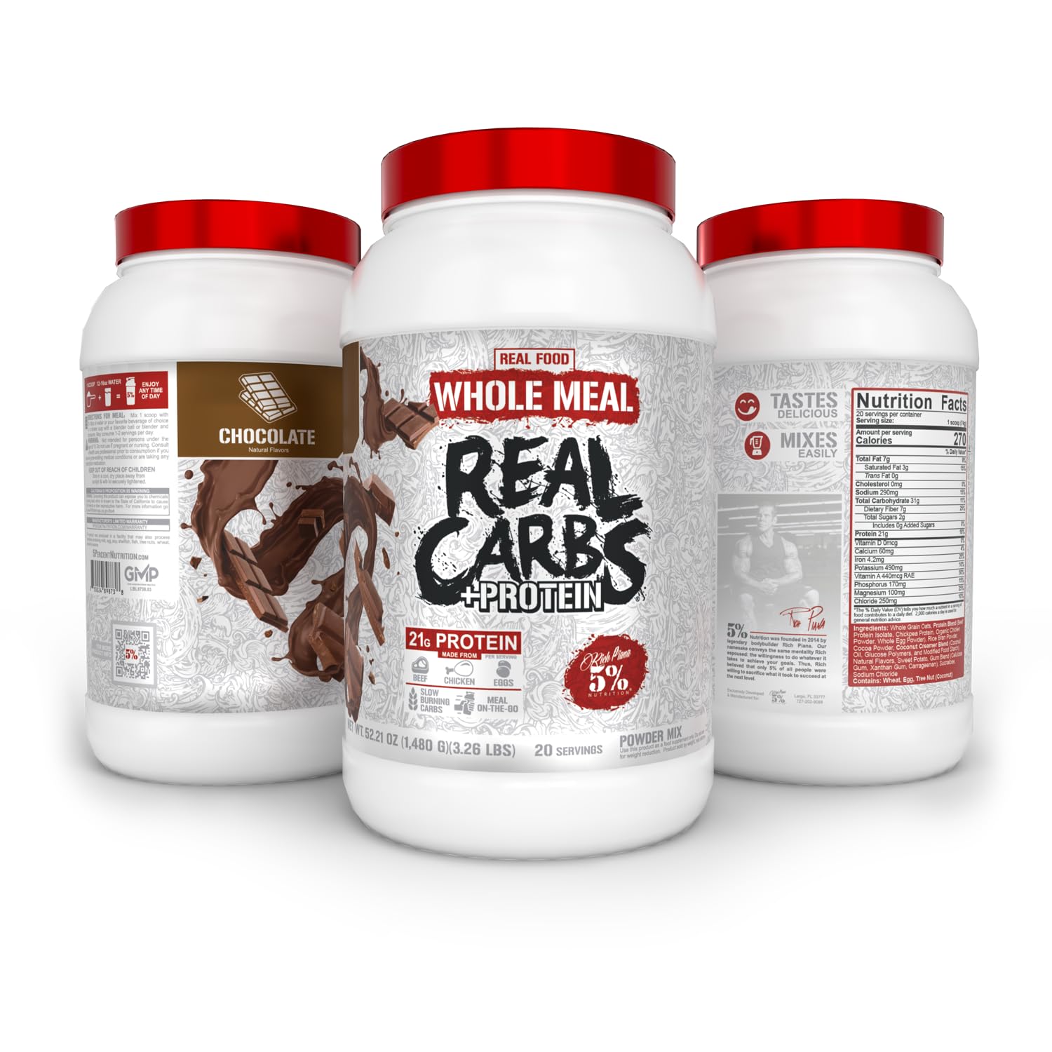 5% Nutrition Real Carbs + Protein powder being scooped for pre-workout.