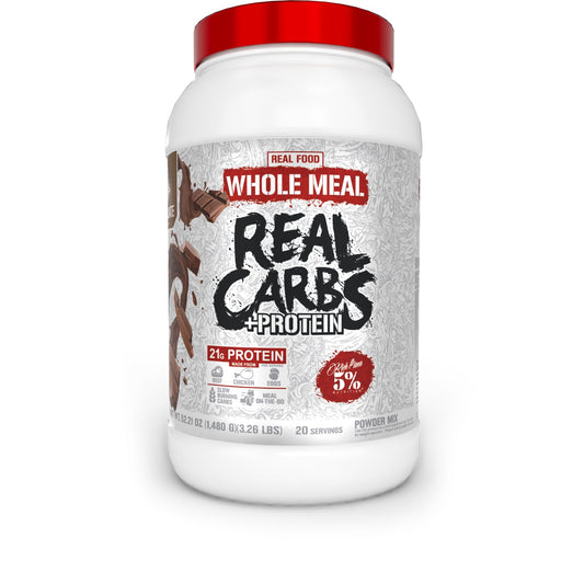 5% Nutrition Rich Piana Real Carbs + Protein tub in chocolate flavor for meal replacement.