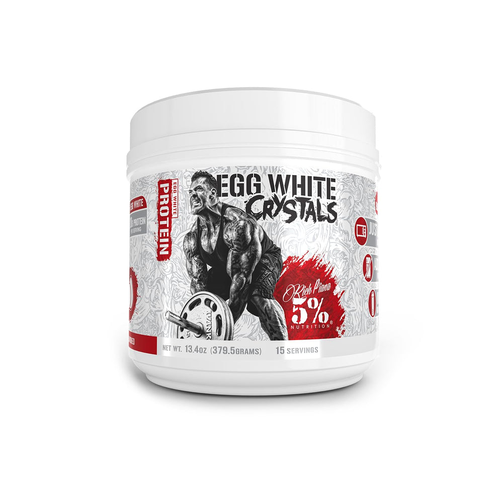 5% Nutrition Rich Piana Egg White Crystals bottle for versatile shakes.