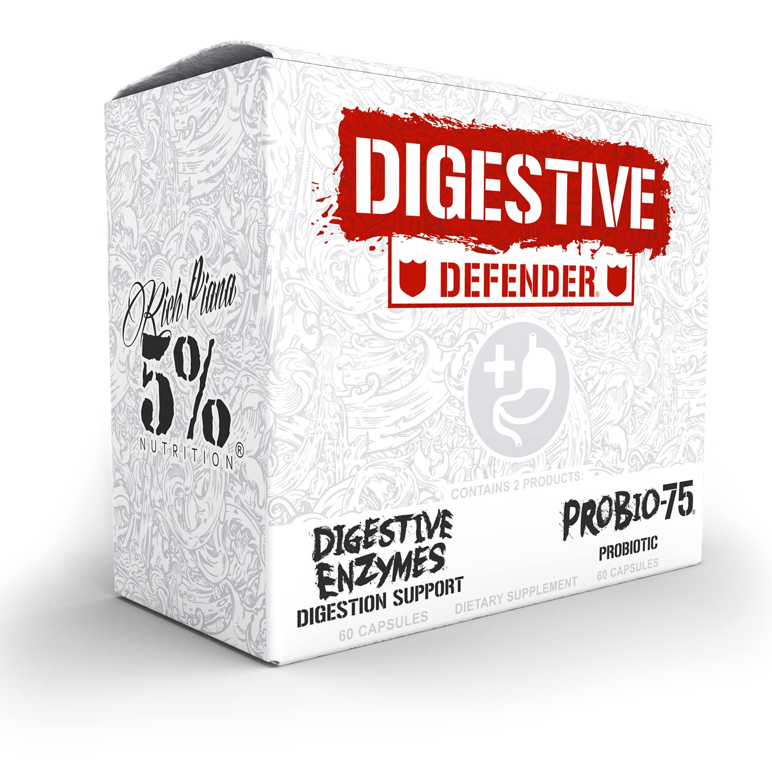 Rich Piana Digestive Defender bottle with capsules for gut health.