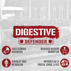 Close-up of Rich Piana Digestive Defender capsules highlighting enzymes blend for fat and carb breakdown.