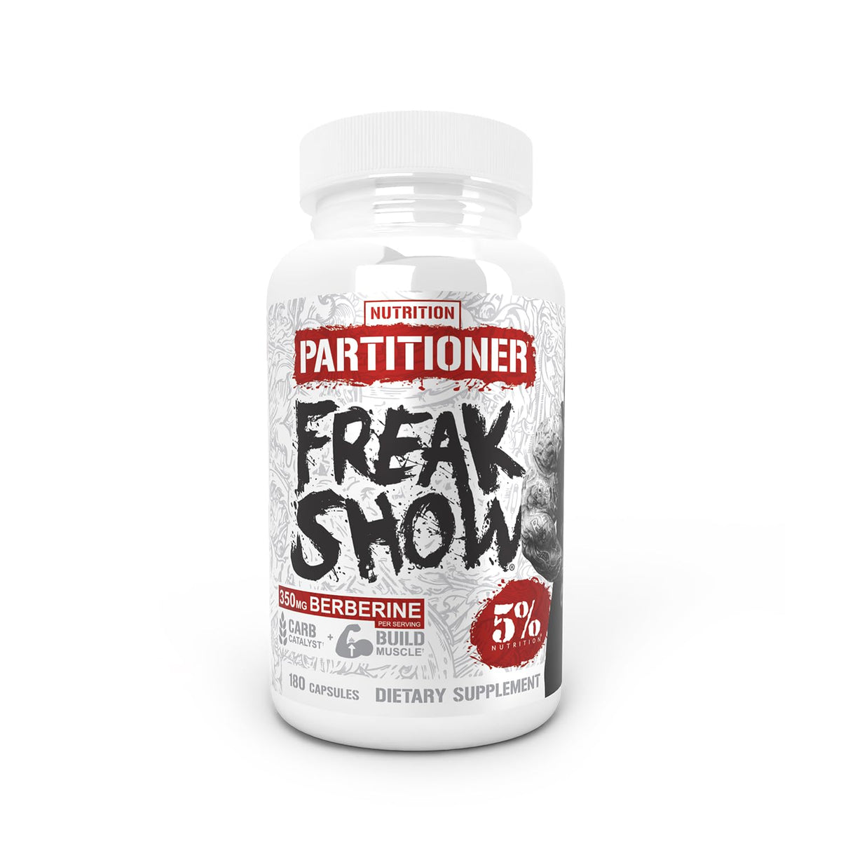 5% Nutrition Rich Piana Freak Show bottle pouring capsules for steady workout energy.