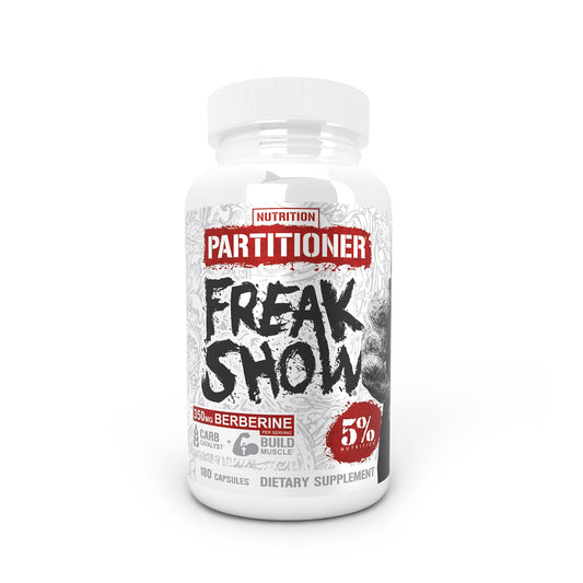 5% Nutrition Rich Piana Freak Show bottle pouring capsules for steady workout energy.