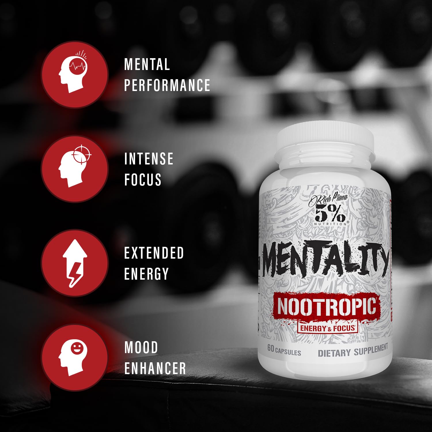 Rich Piana Mentality bottle with ginseng and ginkgo ingredients for cognitive support.