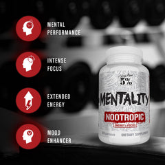 Rich Piana Mentality bottle with ginseng and ginkgo ingredients for cognitive support.