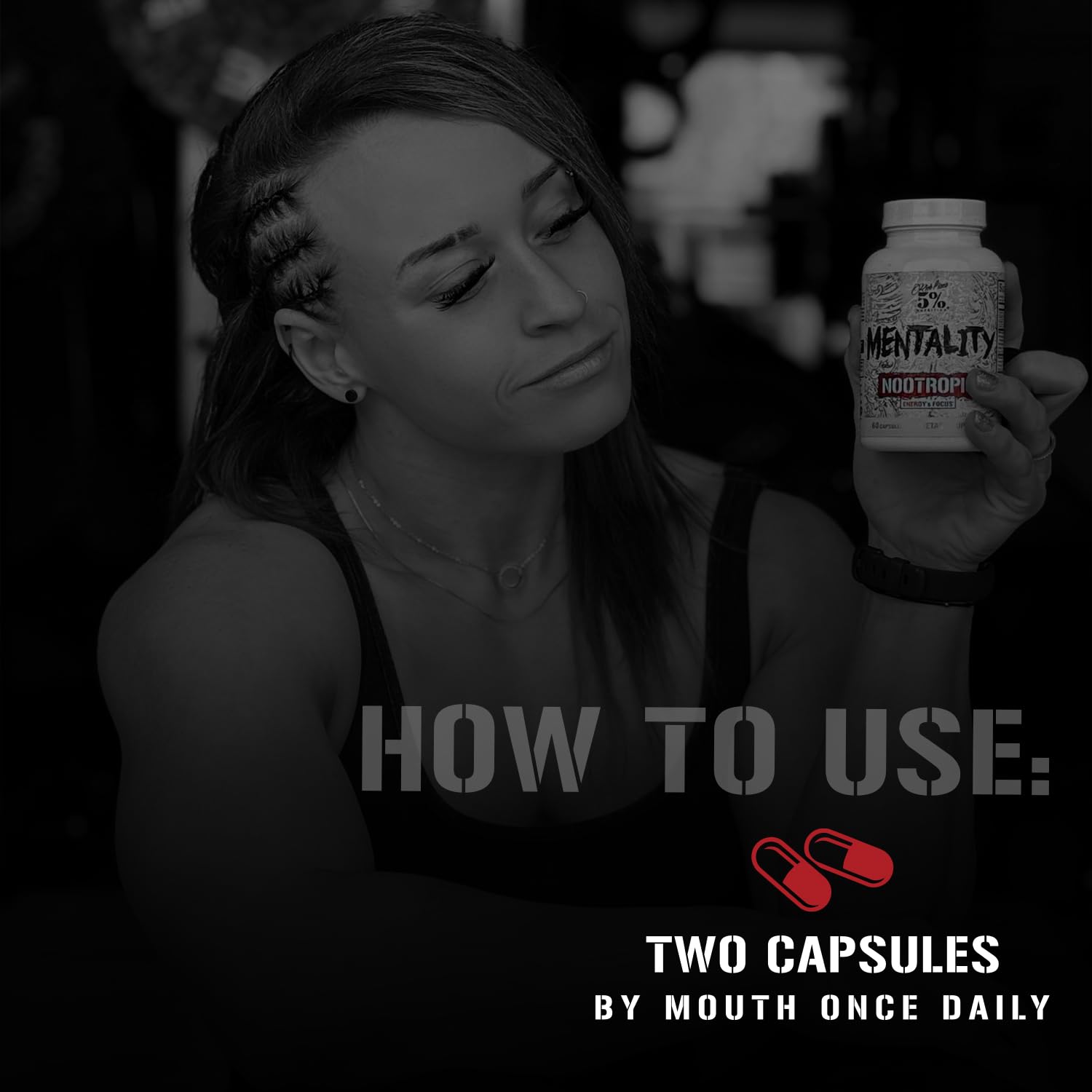 Rich Piana Mentality capsules beside gym gear for no-crash workout energy.