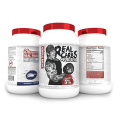 5% Nutrition Rich Piana Real Carbs + Protein blueberry cobbler label highlights real-food carb fueling.