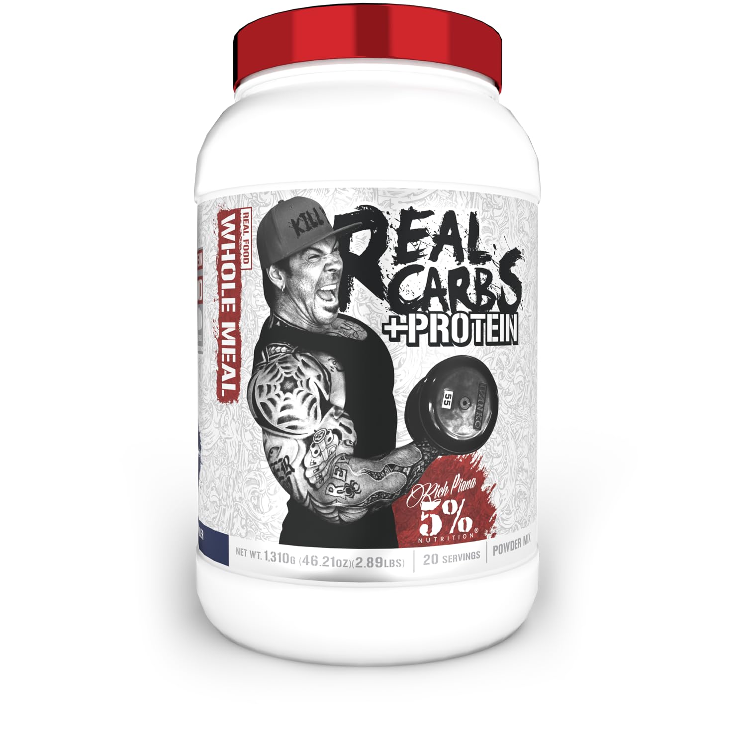 5% Nutrition Rich Piana Real Carbs + Protein bottle pour for quick pre-workout fueling.