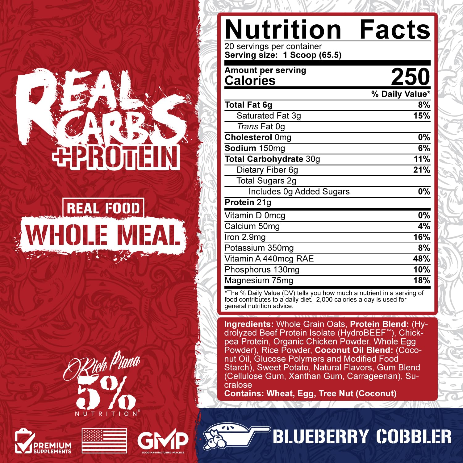 5% Nutrition Rich Piana Real Carbs + Protein scoop close-up highlights real-carb and protein blend for post-workout recovery.