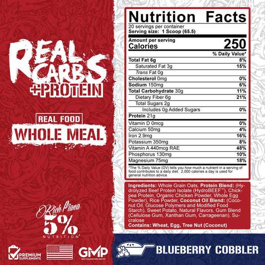 5% Nutrition Rich Piana Real Carbs + Protein scoop close-up highlights real-carb and protein blend for post-workout recovery.