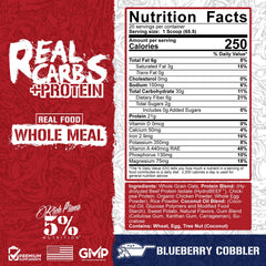 5% Nutrition Rich Piana Real Carbs + Protein scoop close-up highlights real-carb and protein blend for post-workout recovery.