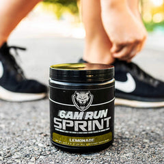 6AM Run Lemonade mix in water highlights caffeine boost.