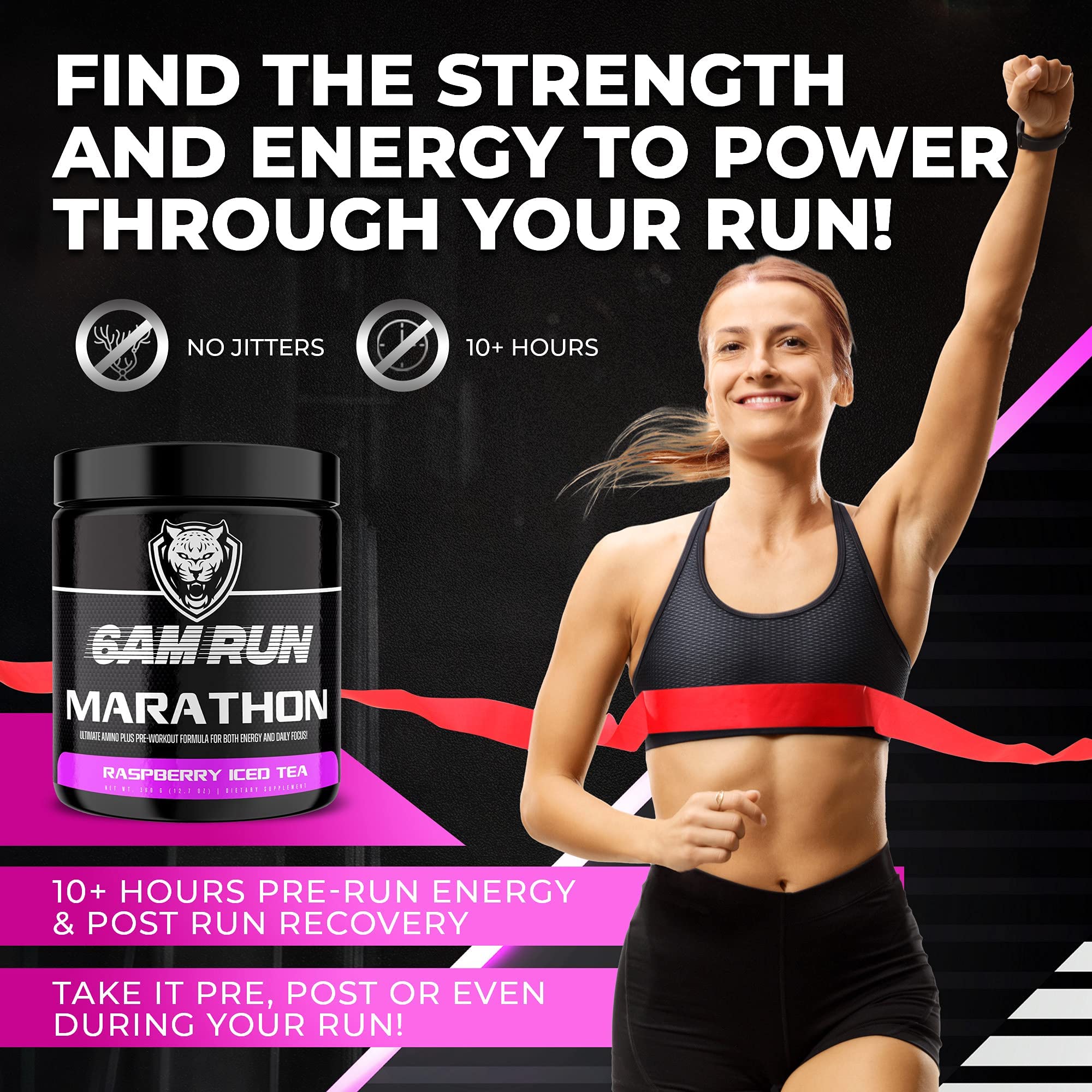 6AM Run Marathon Amino Energy Raspberry flavor close-up, suggesting no jitters.