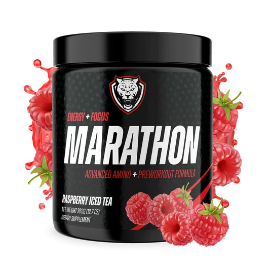 6AM Run Marathon Amino Energy green tea bottle pouring for smooth energy during runs.