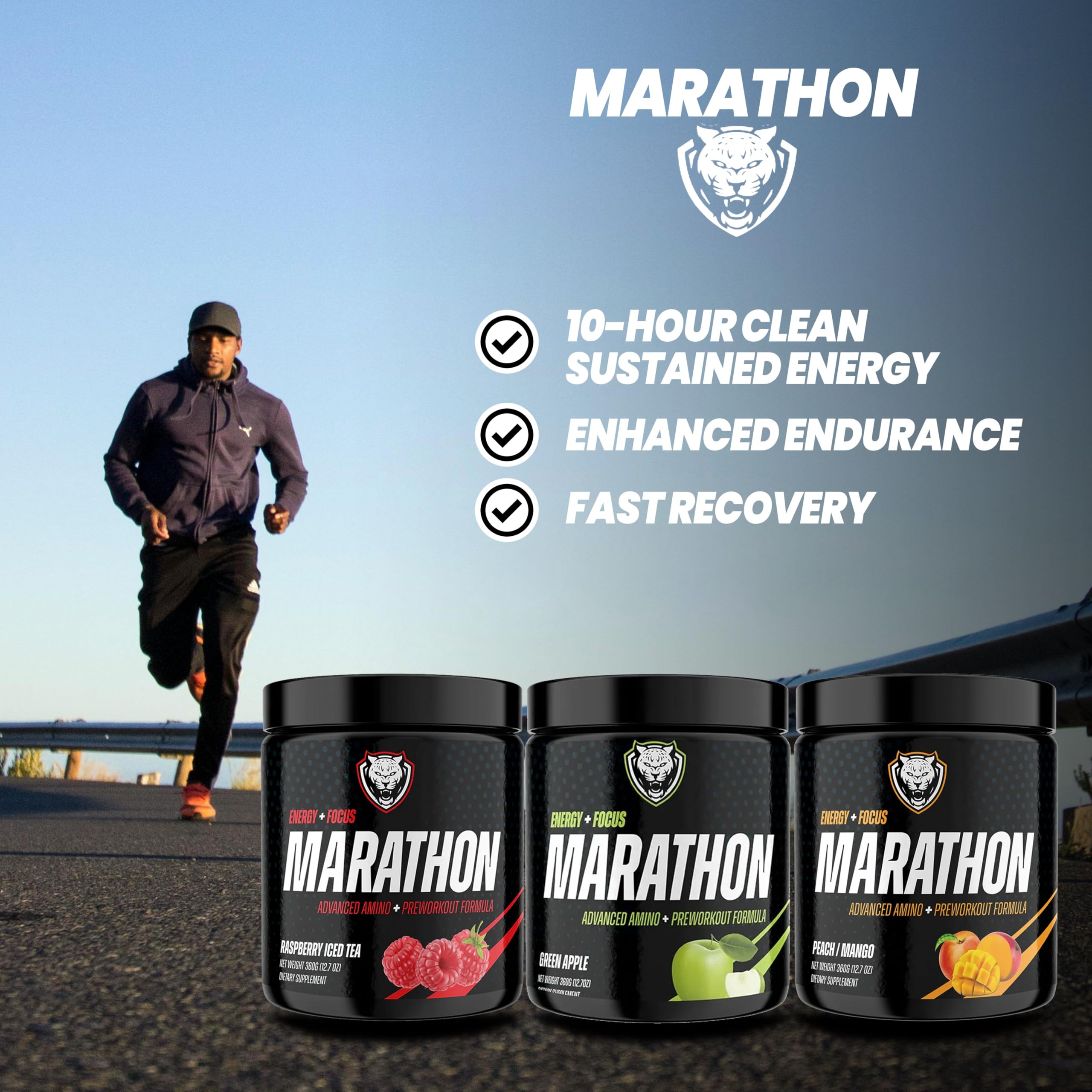 6AM Run Marathon Amino Energy label close-up highlighting clean formula.