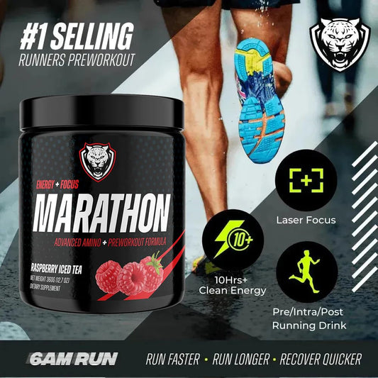 6AM Run Marathon Amino Energy scoop and powder close-up for quick pre-run fueling.