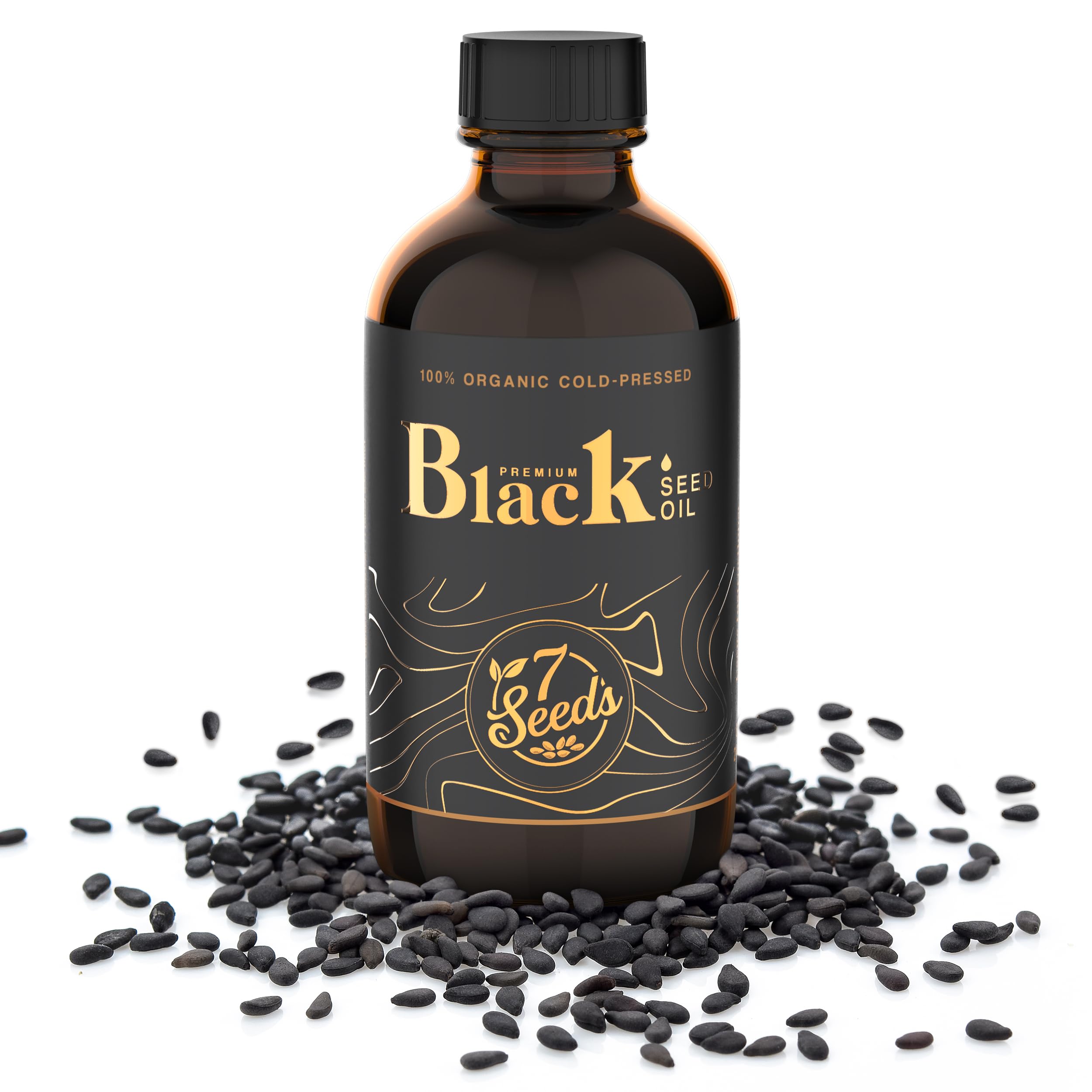 7 Seeds Black Seed Oil amber bottle closeup highlights premium cold-pressed origin