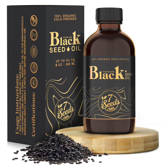 7 Seeds Black Seed Oil bottle pour shows easy daily dosage for immune support and wellness