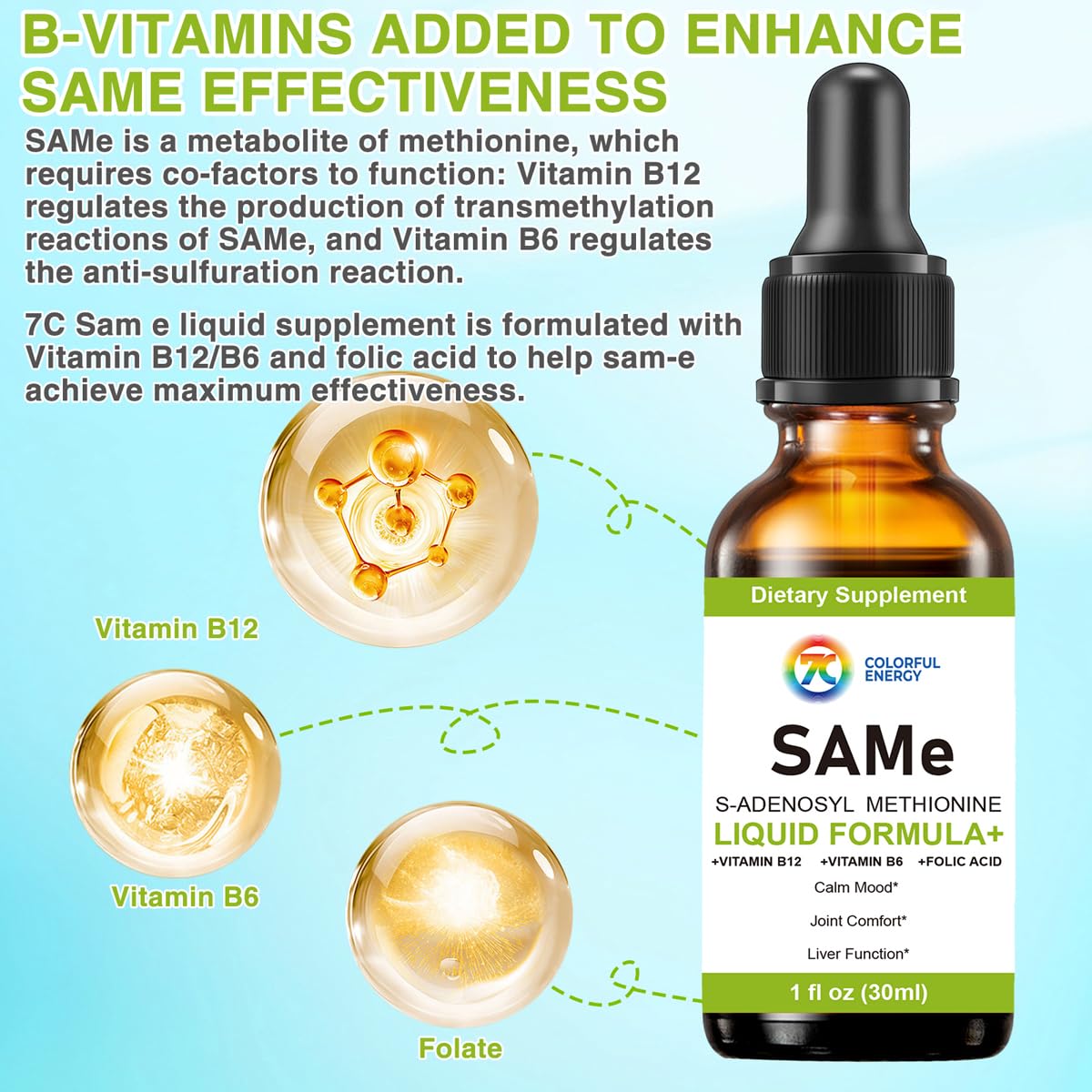 7c Sam-e liquid label highlights B12, B6, and folic acid co-factors