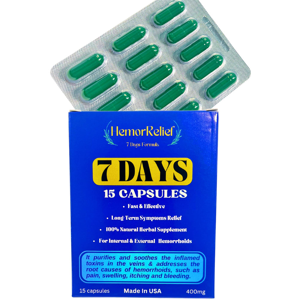 7Days Hemorrhoid Detox Formula bottle front promotes natural relief for daily use.