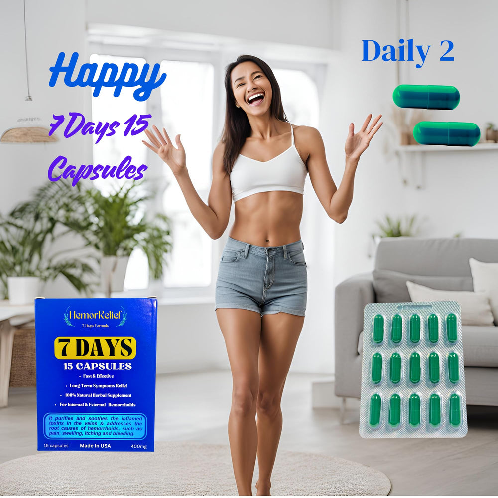 Pouring capsules from 7Days Hemorrhoid Detox Formula for easy daily intake.