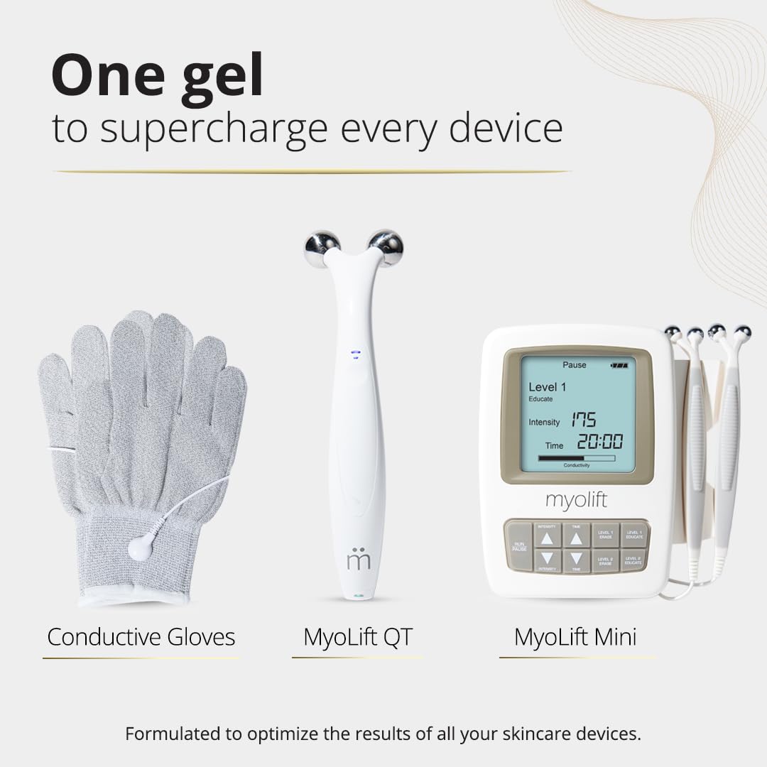 Hands applying 7E Wellness Myolift ReNu Conductive Gel during routine