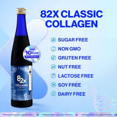 Marine Type 1 collagen claim on 82X label close-up.